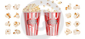 Realistic popcorn. Cinema snack, red stripes bowl for popcorns. Isolated giant paper cup with fast food vector