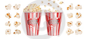 Realistic popcorn. Cinema snack, red stripes bowl for popcorns. Isolated giant paper cup with fast food vector photo