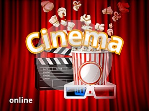 Realistic popcorn. Online movie theater advertising banner. Red curtain background. 3D glasses and clapperboard. Cinema