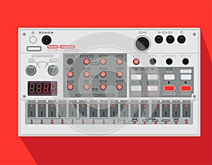 Realistic popular synthesizer. Vector illustration, studio equipment.