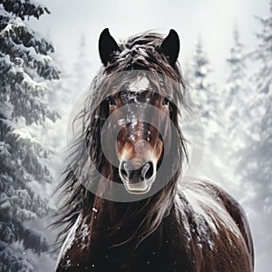 Realistic Portrait Of Andalusian Horse In Snow Covered Forest