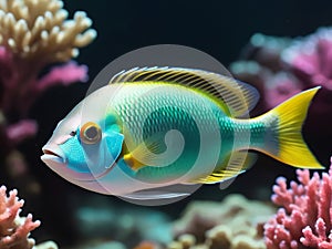 Realistic portrait of beautiful fish green chromis on coral reef