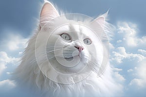 Realistic portrait of beautiful Persian cat on top of clouds