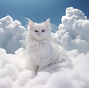 Realistic portrait of beautiful Persian cat on top of clouds