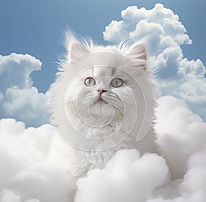 Realistic portrait of beautiful Persian cat on top of clouds