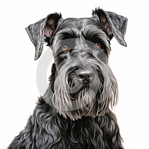 Realistic Portrait Of A Black Schnauzer Dog On White Background
