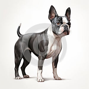 Realistic Portrait Of Boston Terrier Dog On White Background