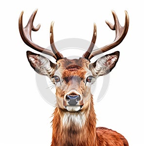 Realistic Portrait Of A Deer With Long Horns On White Background photo