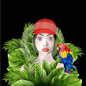 Realistic portrait of female explorer or traveler with parrot between tropical leaves.