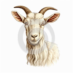 Realistic Portrait Of Goat With Horns On White Background