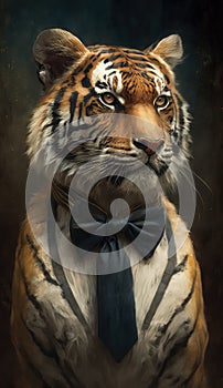 Realistic Portrait Illustration Art Showcasing Cute Tiger wearing bow tie (Generative AI)