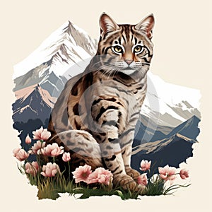 Realistic Portrait Of A Lynx Cat Amidst Mountains And Flowers