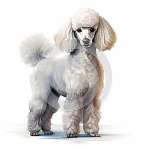 Realistic Portrait Of A White Poodle Standing On A White Background