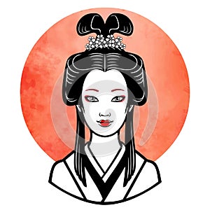 Realistic portrait of the young Japanese girl an ancient hairstyle. Geisha, maiko, princess.