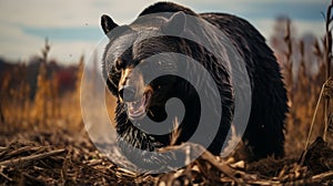 Realistic Portraitures: A Close-up Of A Black Bear In A Dry Field