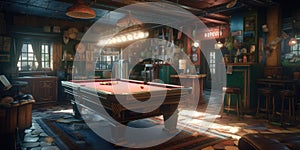 Realistic Post Apocalypse Landscape illustration - abandoned billiard room