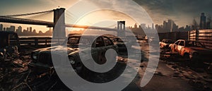 Realistic Post Apocalypse Landscape illustration - abandoned Brooklyns Bridge at sunset