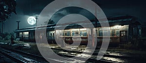 Realistic Post Apocalypse Landscape illustration - abandoned railroad station, fullmoon