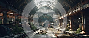 Realistic Post Apocalypse Landscape illustration - abandoned railroad station inside