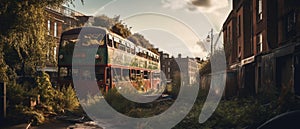 Realistic Post Apocalypse Landscape - Londons destroyed double-decker bus in a ruined city photo