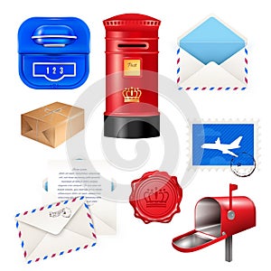 Realistic post mailbox letter set with isolated images of various parcel post packages boxes and envelopes vector illustration