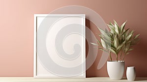 Realistic Poster Frame Mockup With Plant On Pink Wall