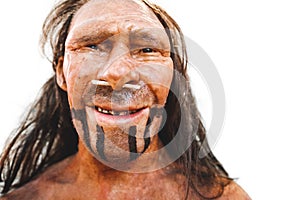 Realistic prehistoric early man neanderthal reproduction portrait closeup