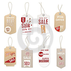 Realistic price tag. 3d sale paper hang and retail cutting cardboard label in origami retro style blank template