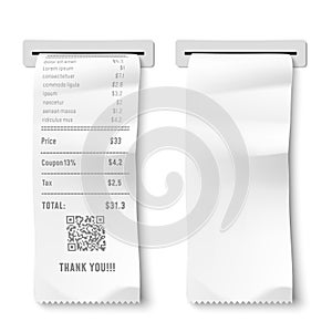 Realistic printed check. Transaction receipt, payment bill and financial checks isolated 3D vector illustration