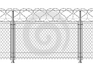 Realistic prison wall, chain fence with barb wire. 3d metal boundary security mesh with barbwire. War barrier