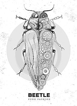 Realistic and punk style beetle illustration. Beetle silhouette with gears.