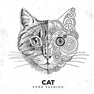 Realistic and punk style cat face illustration. Cat face silhouette with gears.