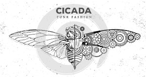 Realistic and punk style cicada illustration. Cicada silhouette with gears.