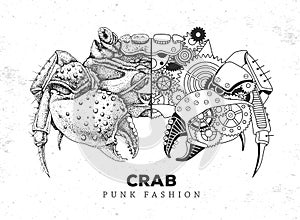 Realistic and punk style crab illustration. Crab silhouette with gears.