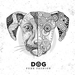 Realistic and punk style dog face illustration. Dog face silhouette with gears.