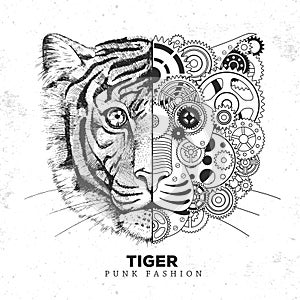Realistic and punk style tiger face illustration. Tiger face silhouette with gears.