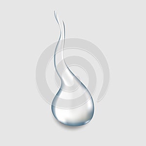 Realistic pure transparent water drop with shadow on gray background illustration