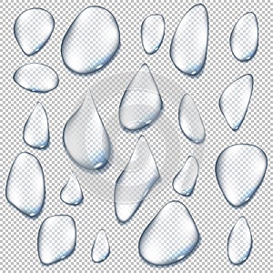 Realistic pure transparent water drop with shadow on gray background. Vector illustration