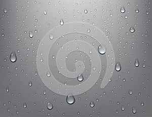 Realistic pure water drops on isolated background. Steam shower condensation on vertical surface. Vector illustration.