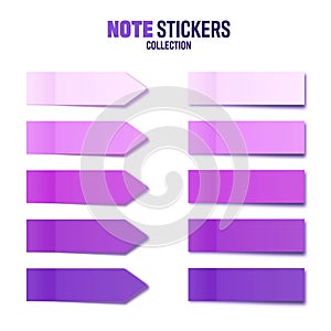 Realistic purple sticky notes collection. Arrow flag tabs. Post note stickers. Colorful sticky paper sheets. Vector