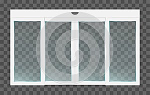 Realistic pvc white automatic transparent closed sliding glass doors with motion sensor. Vector illustration of