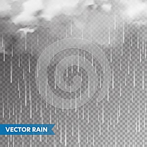 Realistic rain with clouds on transparent background. Rainfall, water drops effect. Autumn wet rainy day. Vector