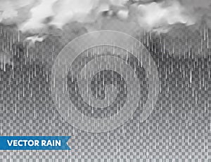 Realistic rain with clouds on transparent background. Rainfall, water drops effect. Autumn wet rainy day. Vector