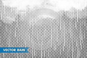 Realistic rain with clouds on transparent background. Rainfall, water drops effect. Autumn wet rainy day. Vector