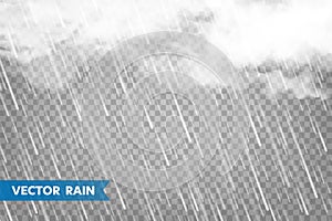 Realistic rain with clouds on transparent background. Rainfall, water drops effect. Autumn wet rainy day. Vector