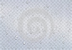 Realistic rain drops on the transparent background.