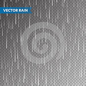 Realistic rain texture on transparent background. Rainfall, water drops effect. Autumn wet rainy day. Vector