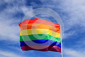 Realistic rainbow flag of LGBT organization waving against sky. LGBT pride flags include lesbians, gays, bisexuals and transgender