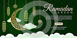 Realistic Ramadan Kareem Background with moon, cloud and lantern ornament Ramadan banner Premium template