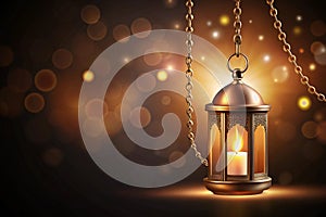 Realistic Ramadan Lantern with Burning Candle Hanging by Chain Vector Illustration photo